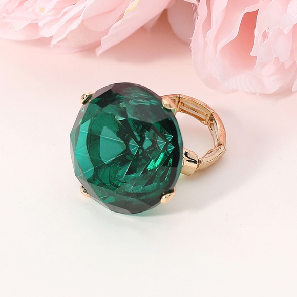 Gold Emerald Diamond Cut Round Crystal Stretch Oversized Cocktail Ring Jewelry